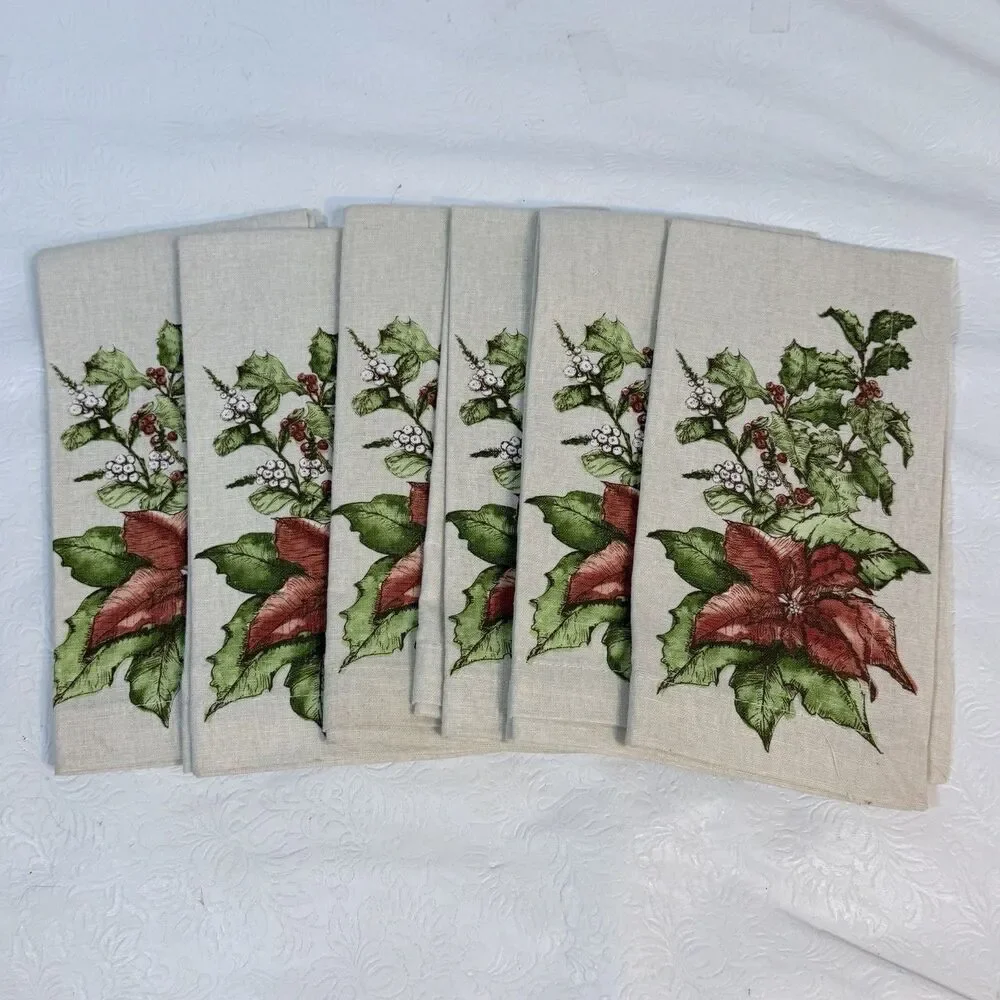 6 Pottery Barn Poinsettia Linen Blend Napkins